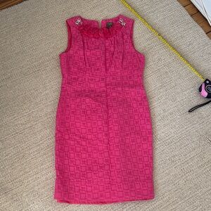 Taylor Hot Pink Textured Sleeveless Midi Dress with Embellished Collar